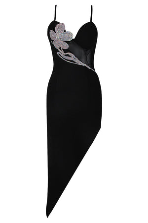 Vestido midi con abertura lateral y flores de cristal con tiras negro
