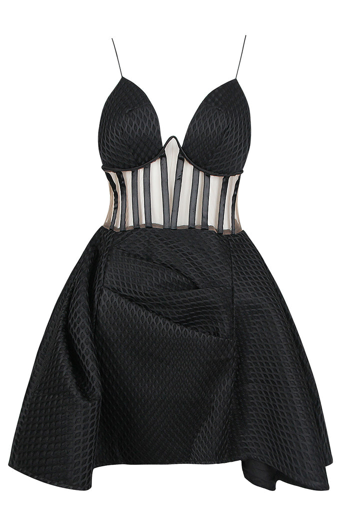 Black Strappy V-Neck Mesh A-Line Mini Dress