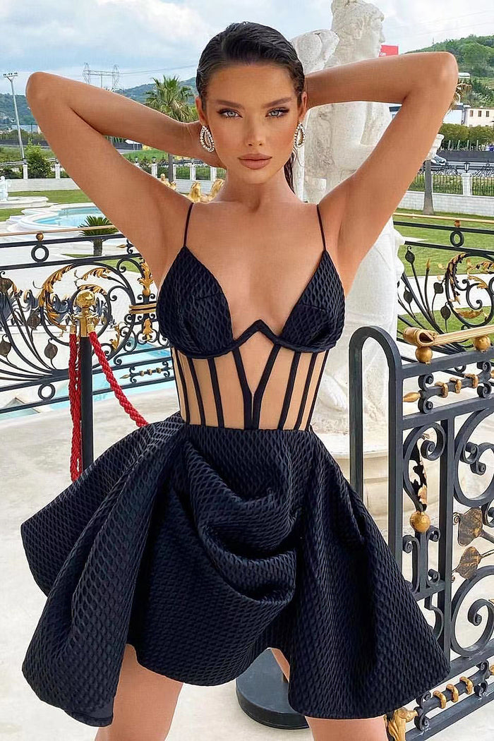 Black Strappy V-Neck Mesh A-Line Mini Dress