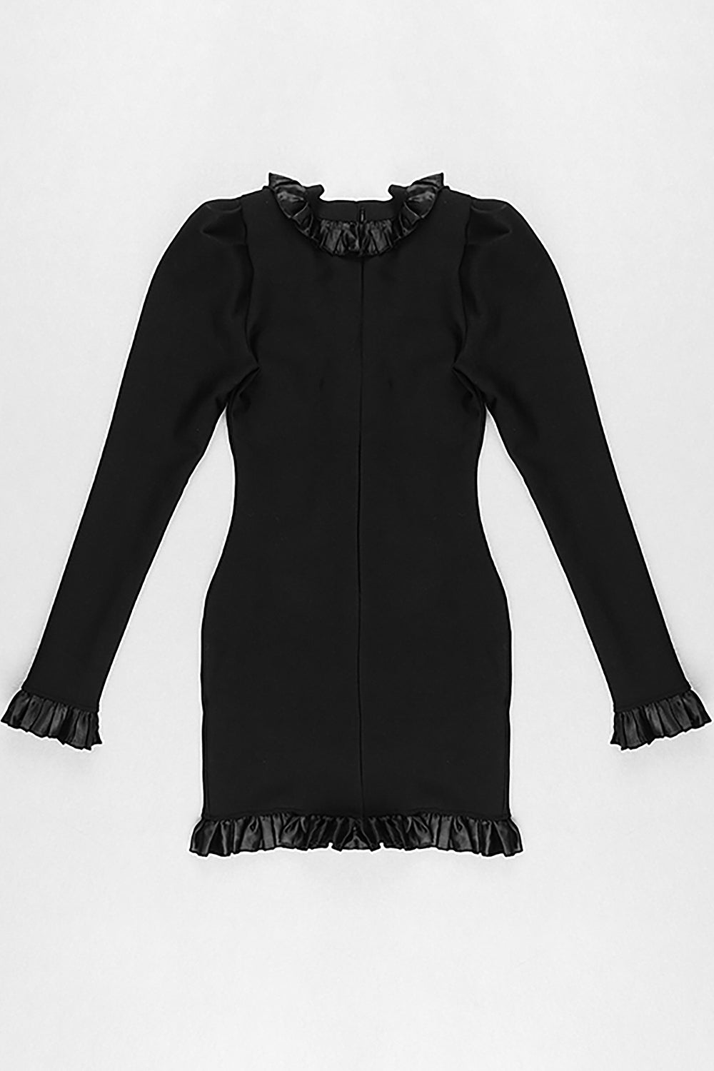 Mini vestido negro con cuello en V y manga larga con botones y volantes