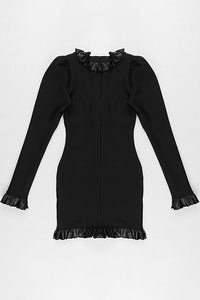 Black V-Neck Long Sleeve Button Ruffled Mini Bandage Dress