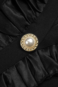 Vestido mini bandagem preto com decote em V manga comprida com babados e botão