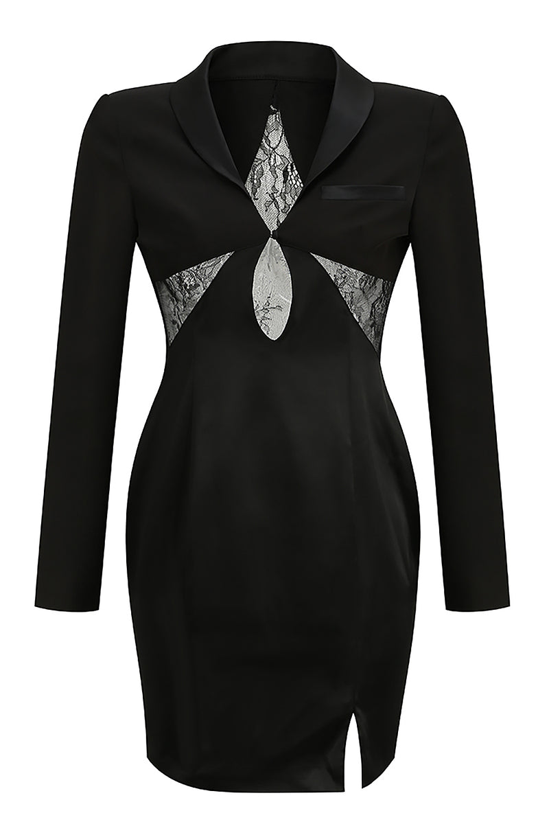 Black V-neck Long Sleeve Hollow Out Lace Blazer Dress