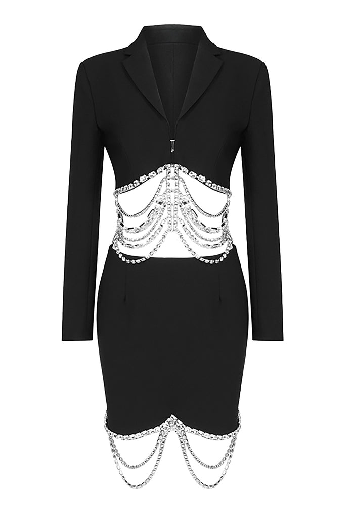 White Black V-neck Rhinestone Tassel Two-Piece Suit