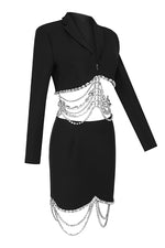White Black V-neck Rhinestone Tassel Two-Piece Suit