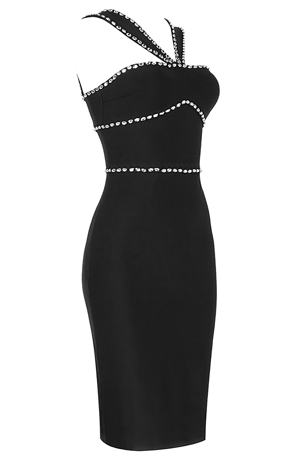 Black V Neck Backless Crystal Bandage Dress - IULOVER