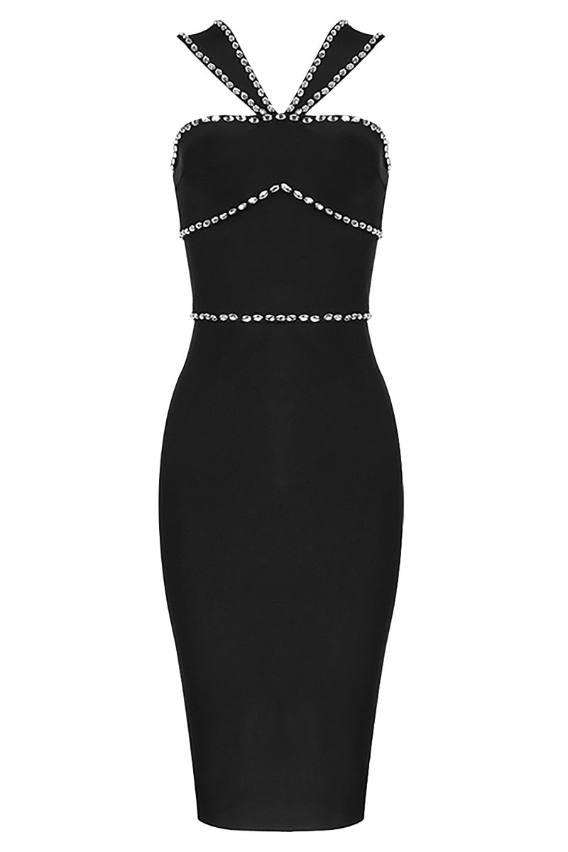 Black V Neck Backless Crystal Bandage Dress - IULOVER