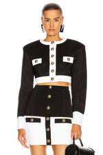 Black White Patchwork Button Long Sleeve Two Pieces Bandage Set - IULOVER