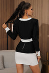 Black White Patchwork Button Long Sleeve Two Pieces Bandage Set - IULOVER