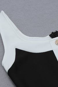 Black White Patchwork O Neck Buttons Bandage Swimwears - IULOVER