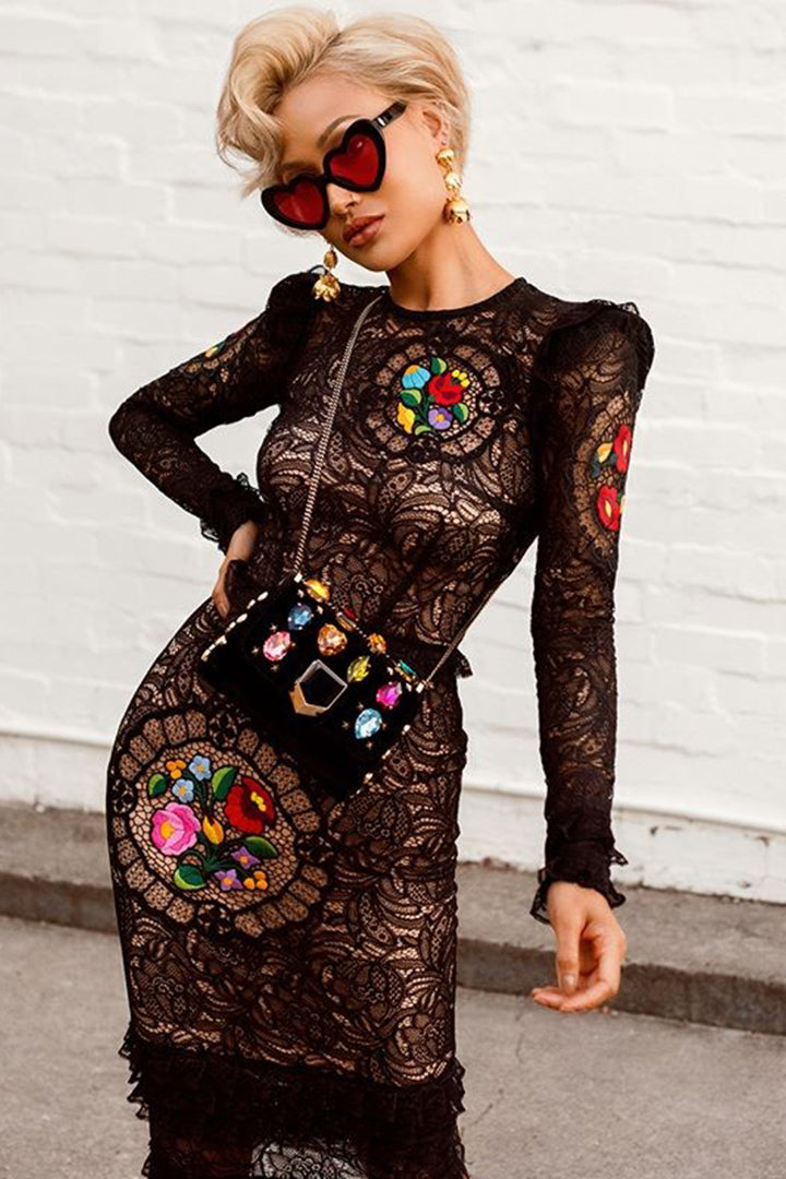 Lace Flower Embroidered Long Sleeve Dress IULOVER Lace Flower Embroidered Long Sleeve Dress IULOVER