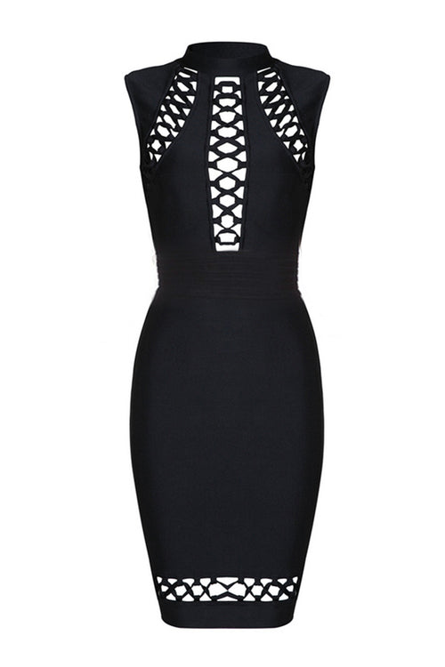 Black Hollow Out Lace-Up Sexy Slim Bodycon Bandage Dress - iulover