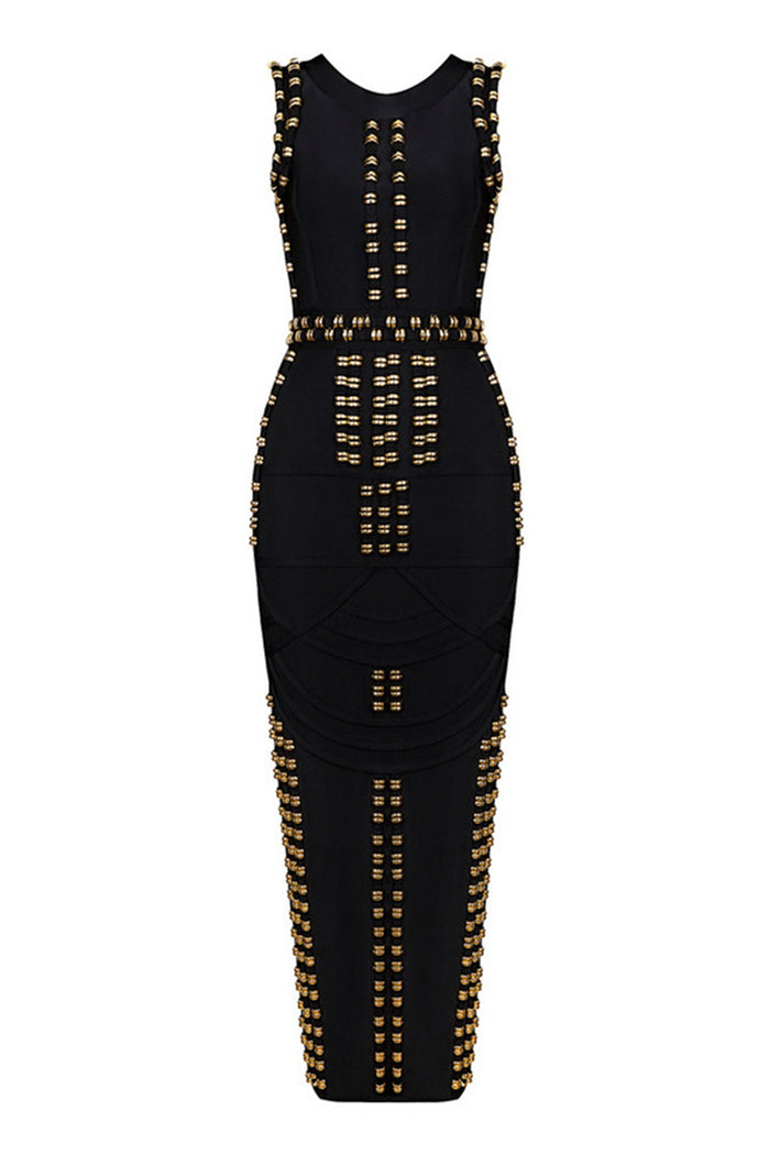 Black White Sleeveless Studded Beaded Long Maxi Bandage Dress - iulover