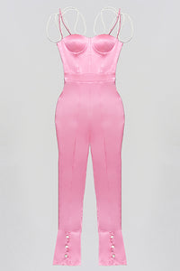 Blinged-out straps Pink Split-hem Jumpsuit