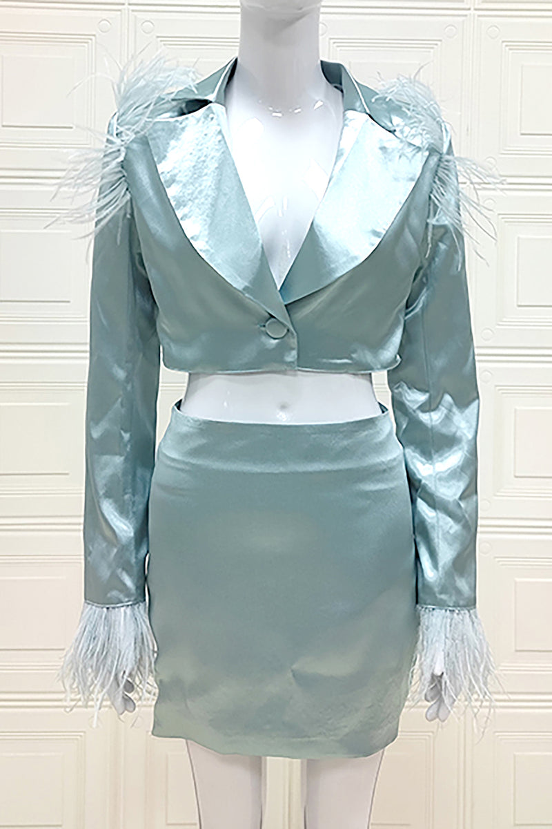 Blue Feathered Double Breasted Cropped Blazer