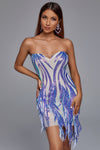 Blue Sparkly Sequin Strappy Tassel Mini Dress