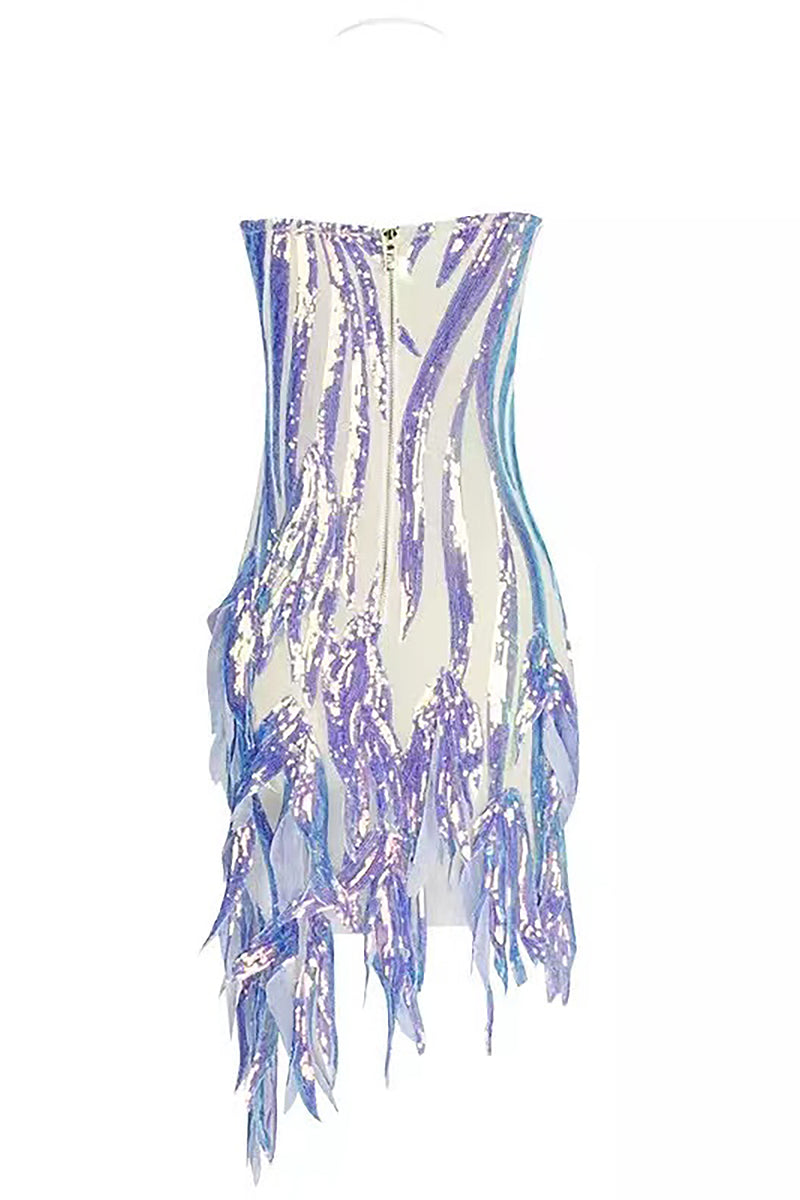 Blue Sparkly Sequin Strappy Tassel Mini Dress