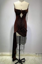 Velvet High Split Strapless Asymmetrical Gown in Brown Burgundy