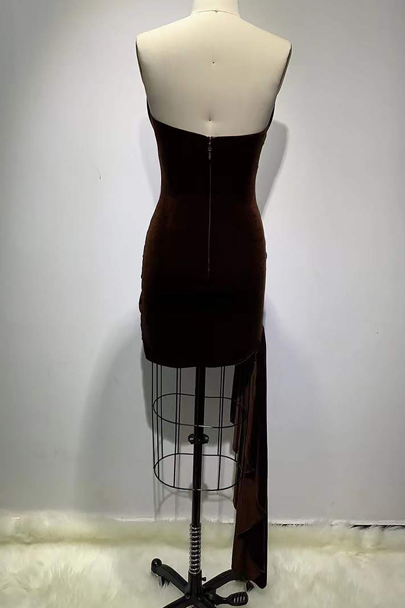 Velvet High Split Strapless Asymmetrical Gown in Brown Burgundy