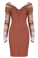 Brown Long Sleeve One-Shoulder Mini Bandage Dress - IULOVER