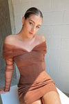 Brown Long Sleeve One-Shoulder Mini Bandage Dress - IULOVER