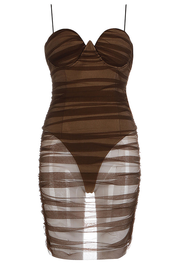 Brown Mesh Pleated Strappy Bandage Dress - IULOVER