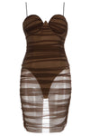 Brown Mesh Pleated Strappy Bandage Dress