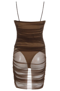 Brown Mesh Pleated Strappy Bandage Dress - IULOVER