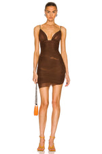 Strappy Deep V Ruched Mesh Mini Dress In White Brown
