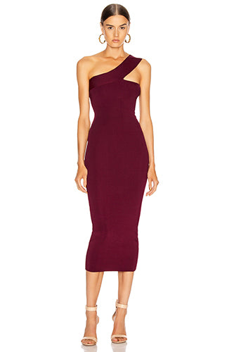 Burgundy One-Shoulder Midi Bandage Dress - iulover