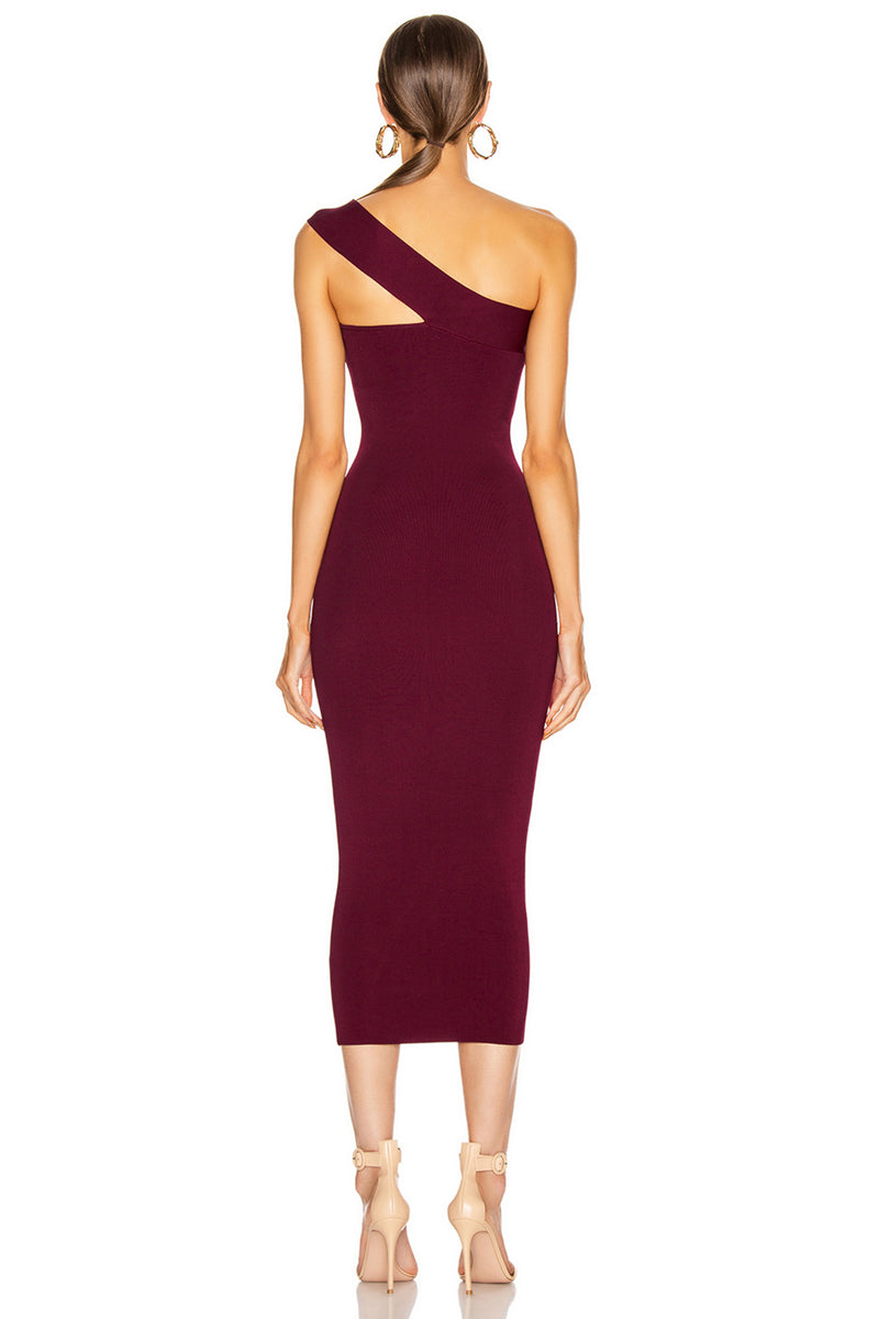 Burgundy One-Shoulder Midi Bandage Dress - iulover