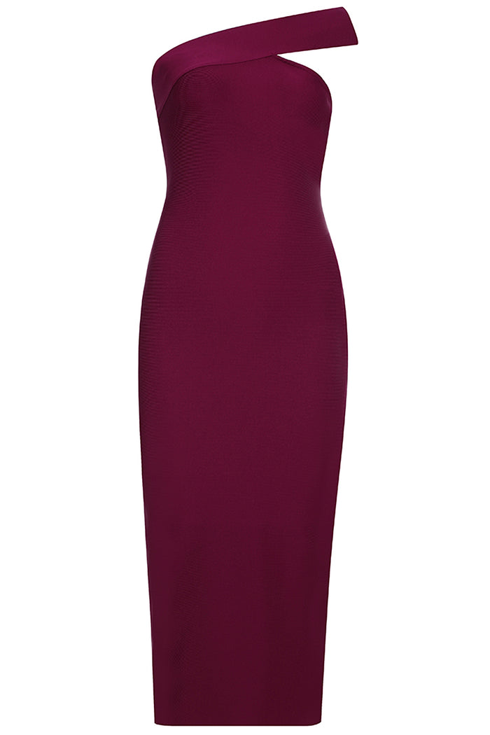 Burgundy One-Shoulder Midi Bandage Dress - iulover