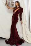 One-shoulder Hollow Our Irregular Fishtail Sequins Gowns in Black Green Burgundy
