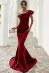 One-shoulder Space Cotton Ruffled Fishtail Gowns In Red White Black Burgundy