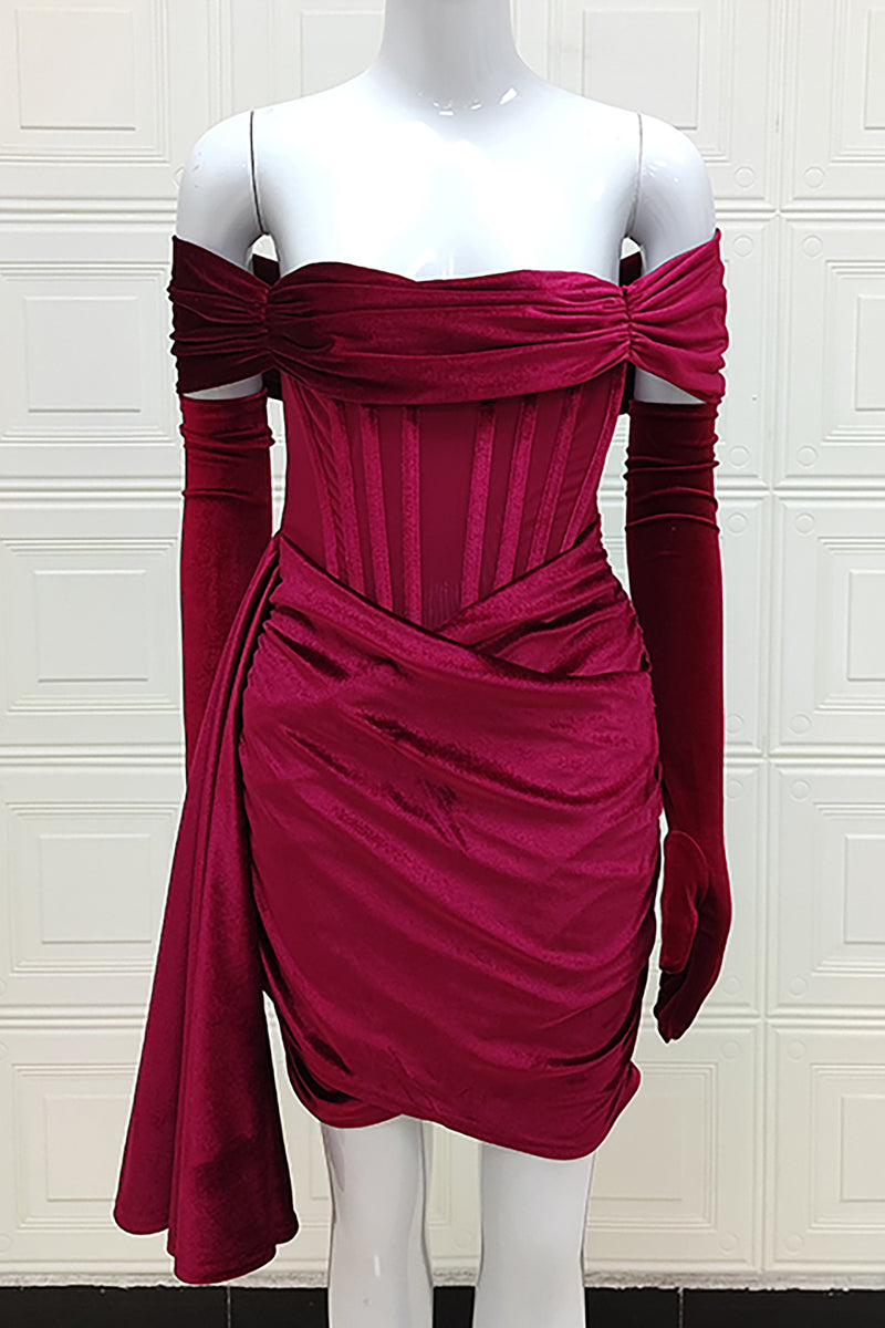 Burgundy Velvet Strapless Pleated Dress