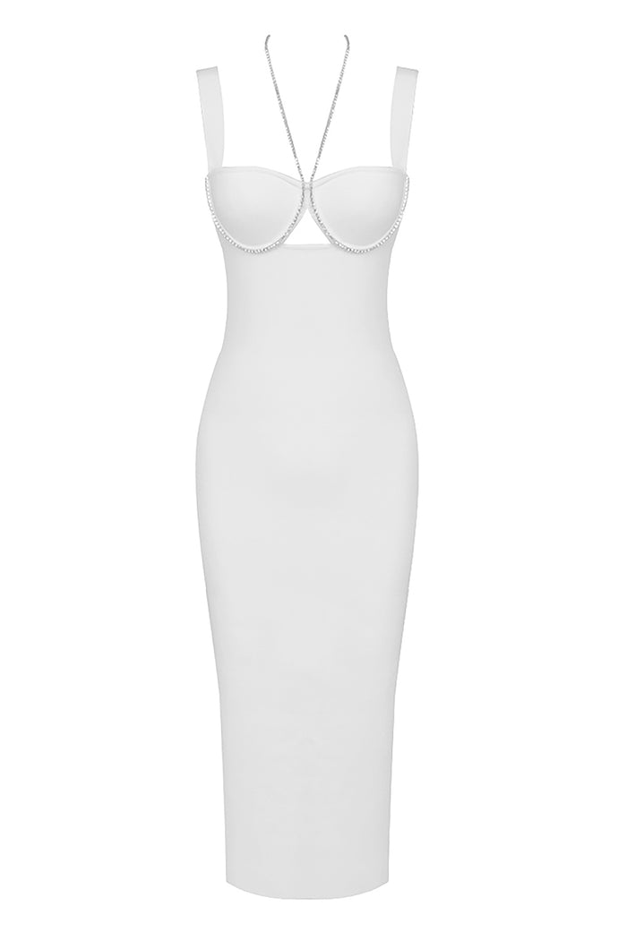 Crystal Chain Halter Backless Bandage Dress In White