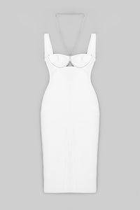 Crystal Chain Halter Backless Bandage Dress In White