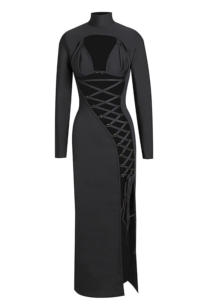 Cut Out Thigh High Split Maxi Bandage Dress In Black