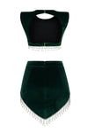 Crystal Tassel Velvet Two Piece Set Short Top High Waist Skirt In Black Brown Dark Green