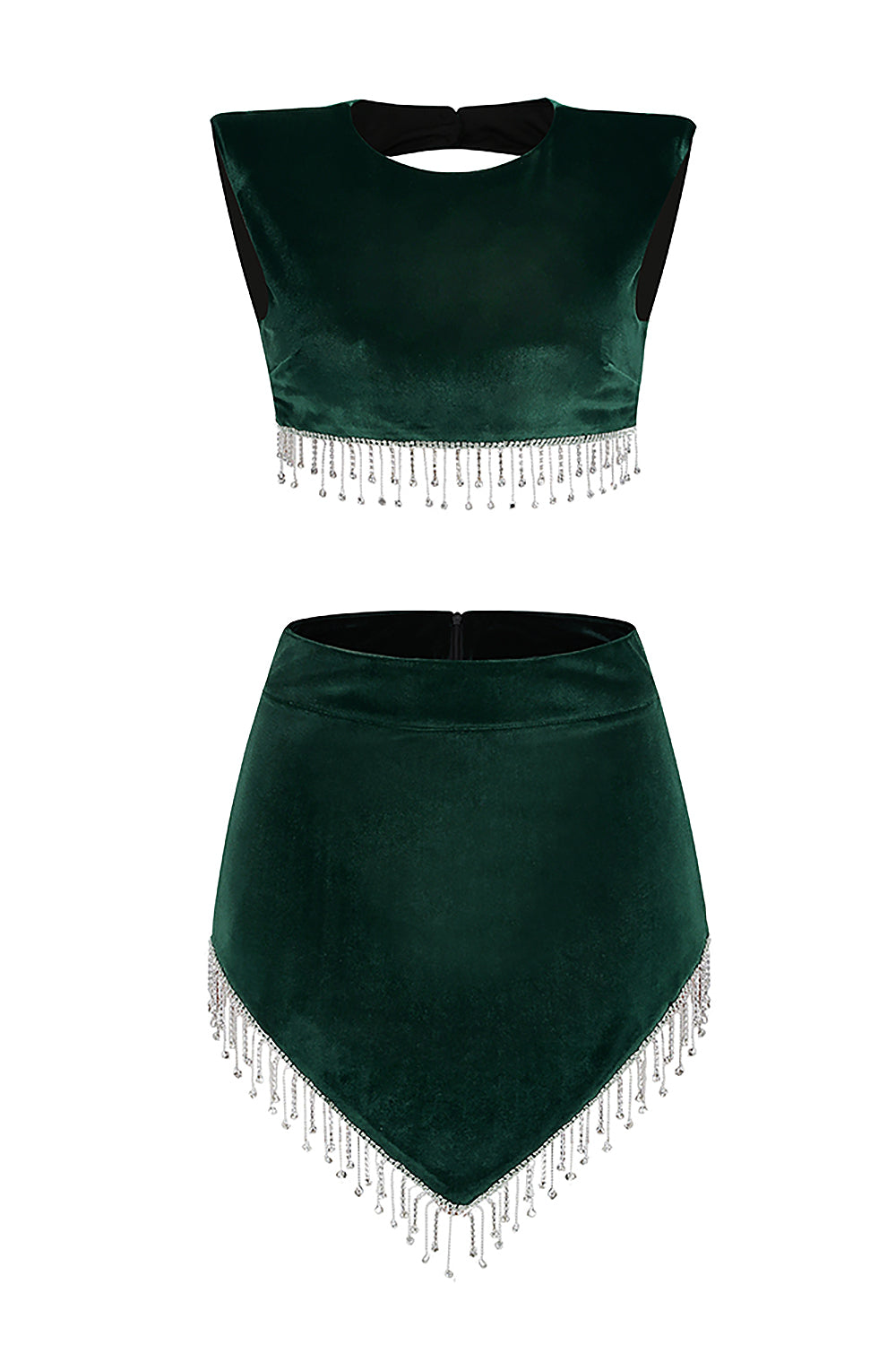 Conjunto de dos piezas de terciopelo con borlas de cristal, falda corta de cintura alta en negro, marrón y verde oscuro