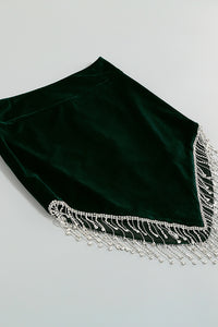 Conjunto de duas peças de veludo com borla de cristal saia curta de cintura alta em preto marrom verde escuro