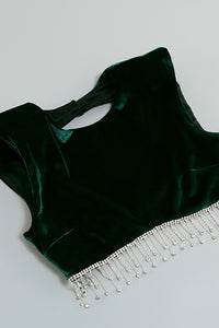 Conjunto de duas peças de veludo com borla de cristal saia curta de cintura alta em preto marrom verde escuro