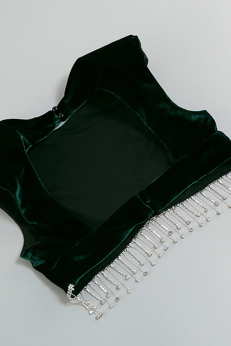 Crystal Tassel Velvet Two Piece Set Short Top High Waist Skirt In Black Brown Dark Green