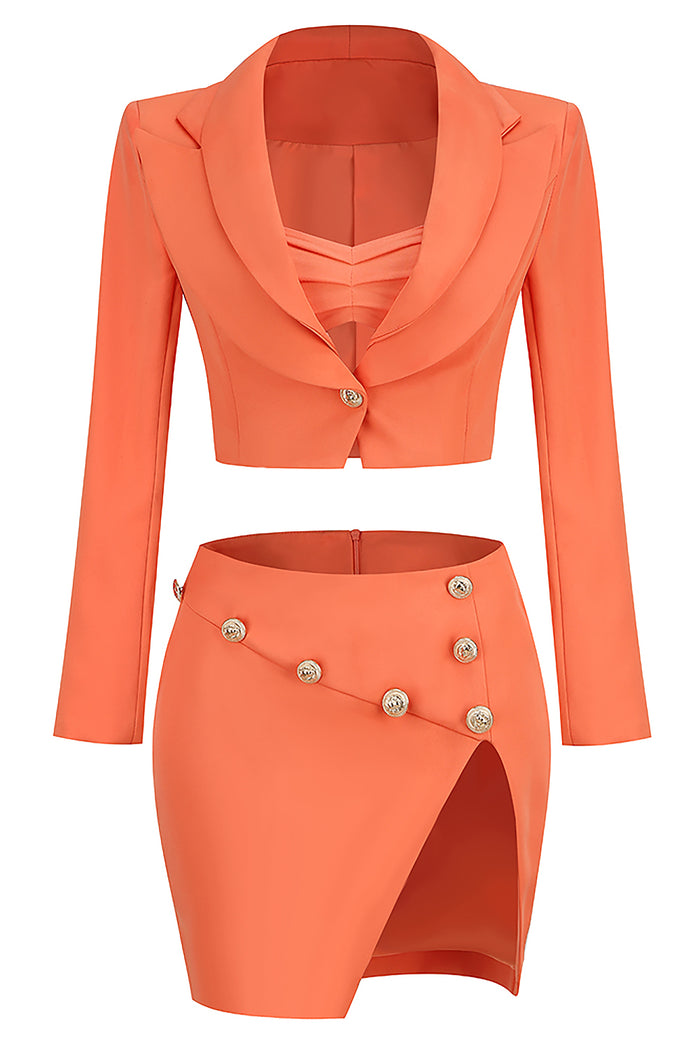 Deep V Lapel Blazer And Slit Skirt Three Piece Set