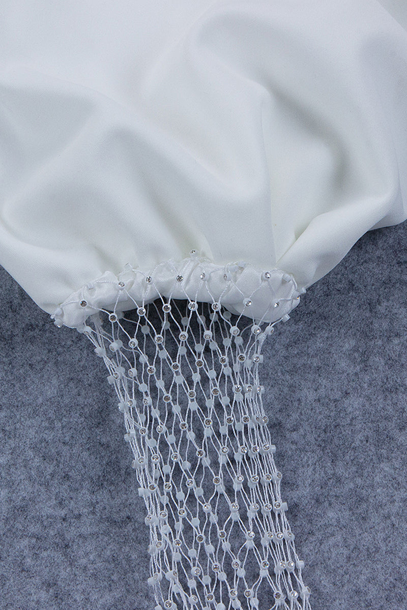 White Hollow Fishnet Crystal Long Bubble Sleeve Dress - IULOVER