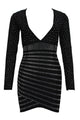 Crystal Deep V Black Long Sleeve Mini Bandage Dress - IULOVER