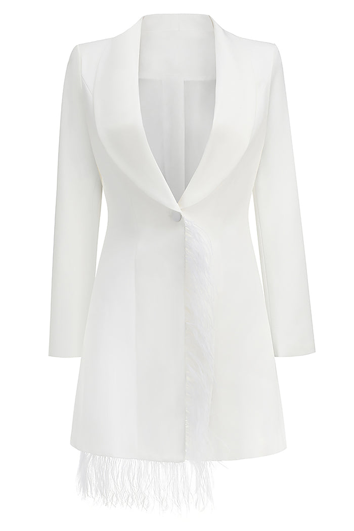 Feather Wrap Blazer Mini Dress In White