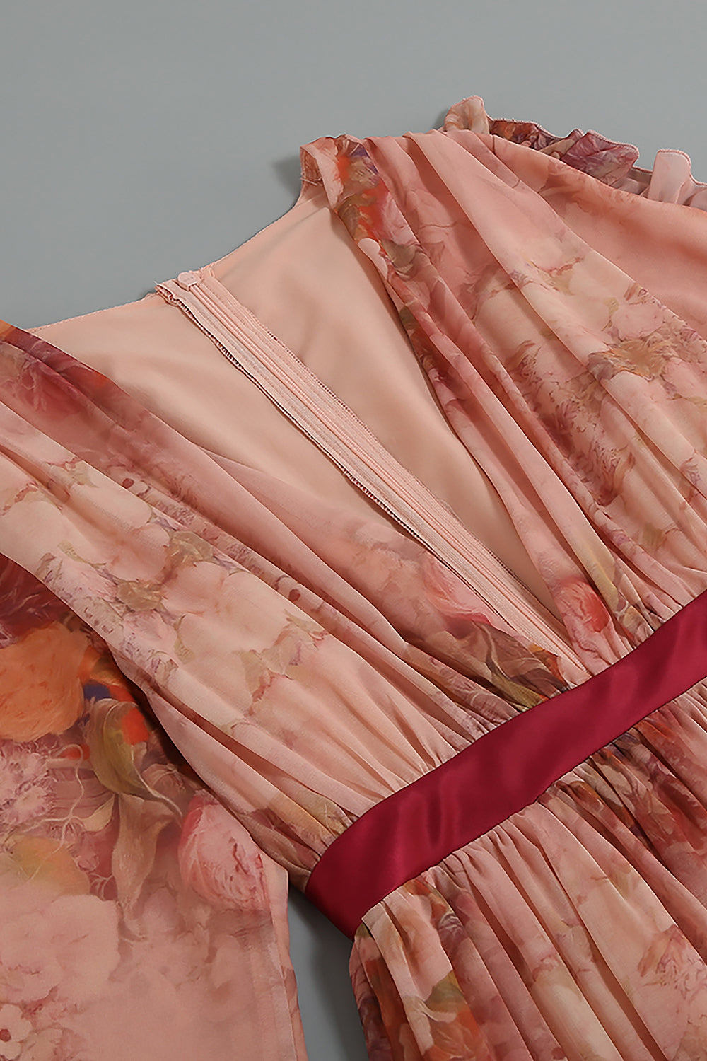 Mini vestido floral estampado com decote em V renda manga comprida babado