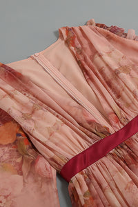 Mini vestido floral estampado com decote em V renda manga comprida babado