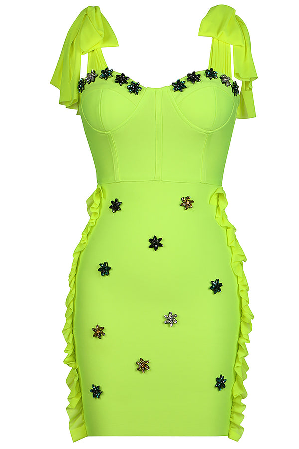 Mini vestido de bandagem com laço de cristal verde fluorescente